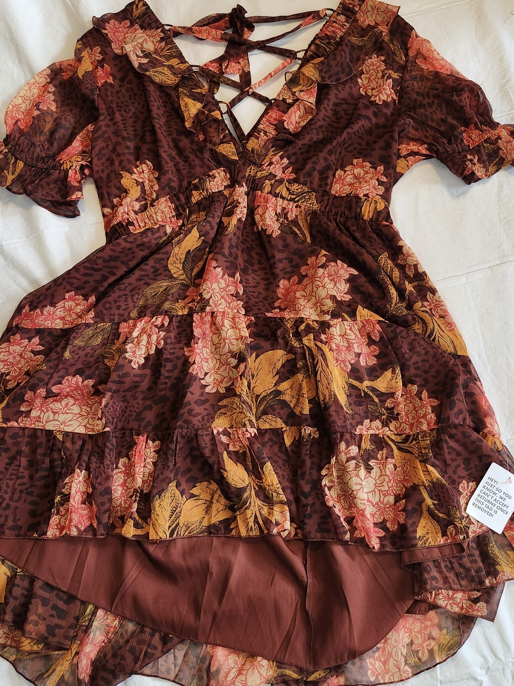 ASOS Curve Brown Floral V-Neck Tiered Midi Dress - Picture 3 of 7